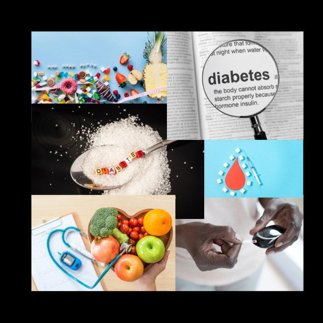 Collage depicting diabetes awareness: blood sugar testing, sugar cubes, insulin syringes, pills, fresh fruits, and a diabetes definition; illustrating causes, management, and natural remedies.
