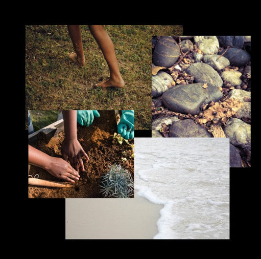 A collage of grounding practices: bare feet on soil, ocean waves, rocky shorelines, and hands in earth; symbolizing connection to nature for mental, physical, and spiritual healing.