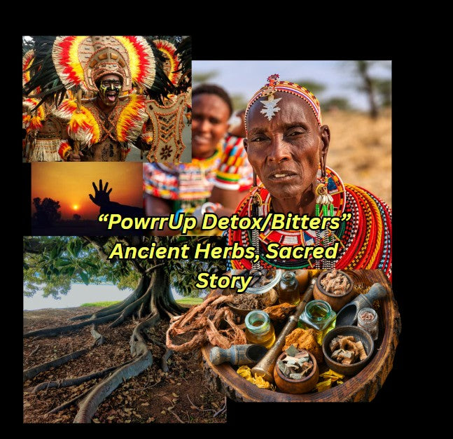 Collage of African and Caribbean ancestral imagery with herbs, traditional healers, and a sacred tree, illustrating PowrrUp Bitters’ roots in ancient herbal medicine and spiritual healing.
