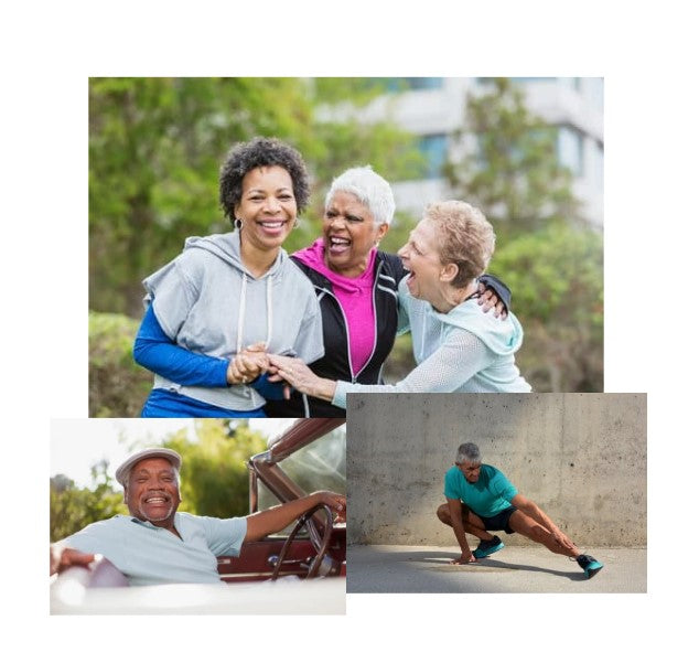 Happy, active older adults jogging, stretching, and relaxing; representing the benefits of blood purification and improved vitality.