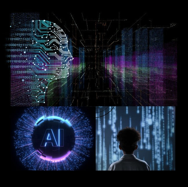 Digital ancestral codes converging with AI and soul consciousness. An artistic depiction of data, spirit, and awakening.