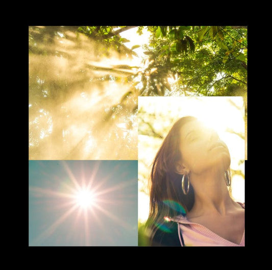 A collage of sunlight through trees, sunrise, and a woman basking in morning light, symbolizing natural healing and spiritual renewal through sun exposure.