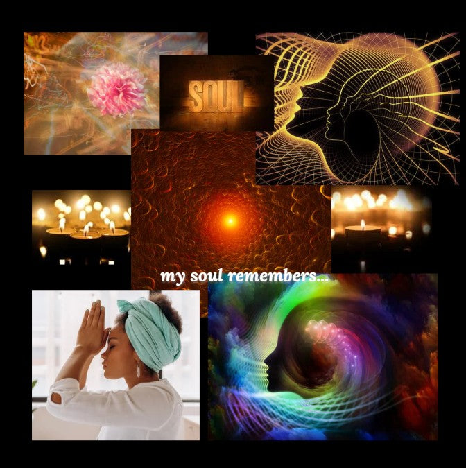 Collage of soul-centered visuals representing ancestral memory, energy healing, and nature-based wellness. Includes a praying woman, candles, digital light patterns, and the phrase “my soul remembers.”
