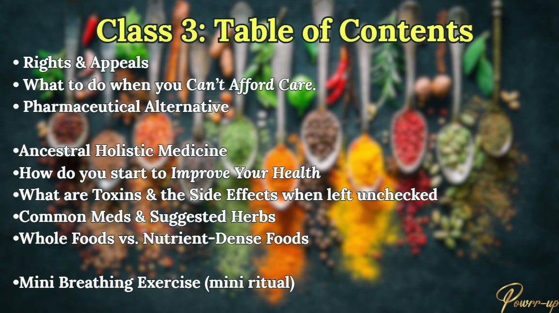 Table of contents for a class on holistic health with various topics listed.