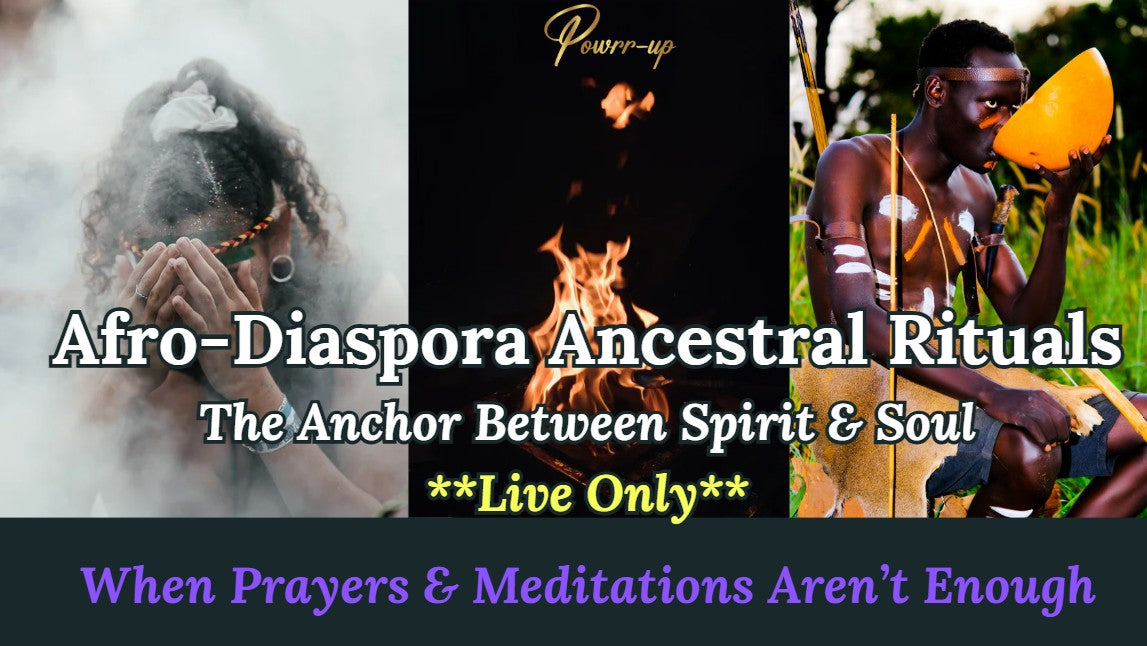 Three images with text about Afro-Diaspora Ancestral Rituals, featuring a person with hands over face, fire, and a person holding a yellow object.