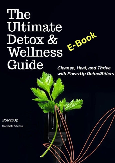 “Cover of The Ultimate Detox & Wellness Guide e-book featuring a celery stalk in a glass, promoting natural healing with PowrrUp Detox Bitters.”