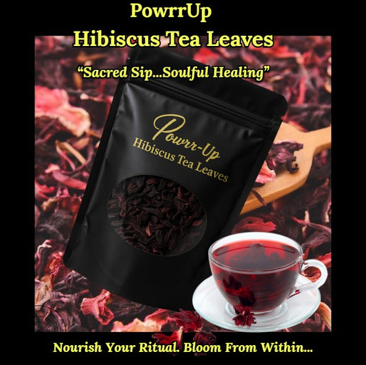 PowrrUp Hibiscus Tea Leaves with crimson hibiscus petals and teacup. Natural herbal tea for heart health and ancestral vitality