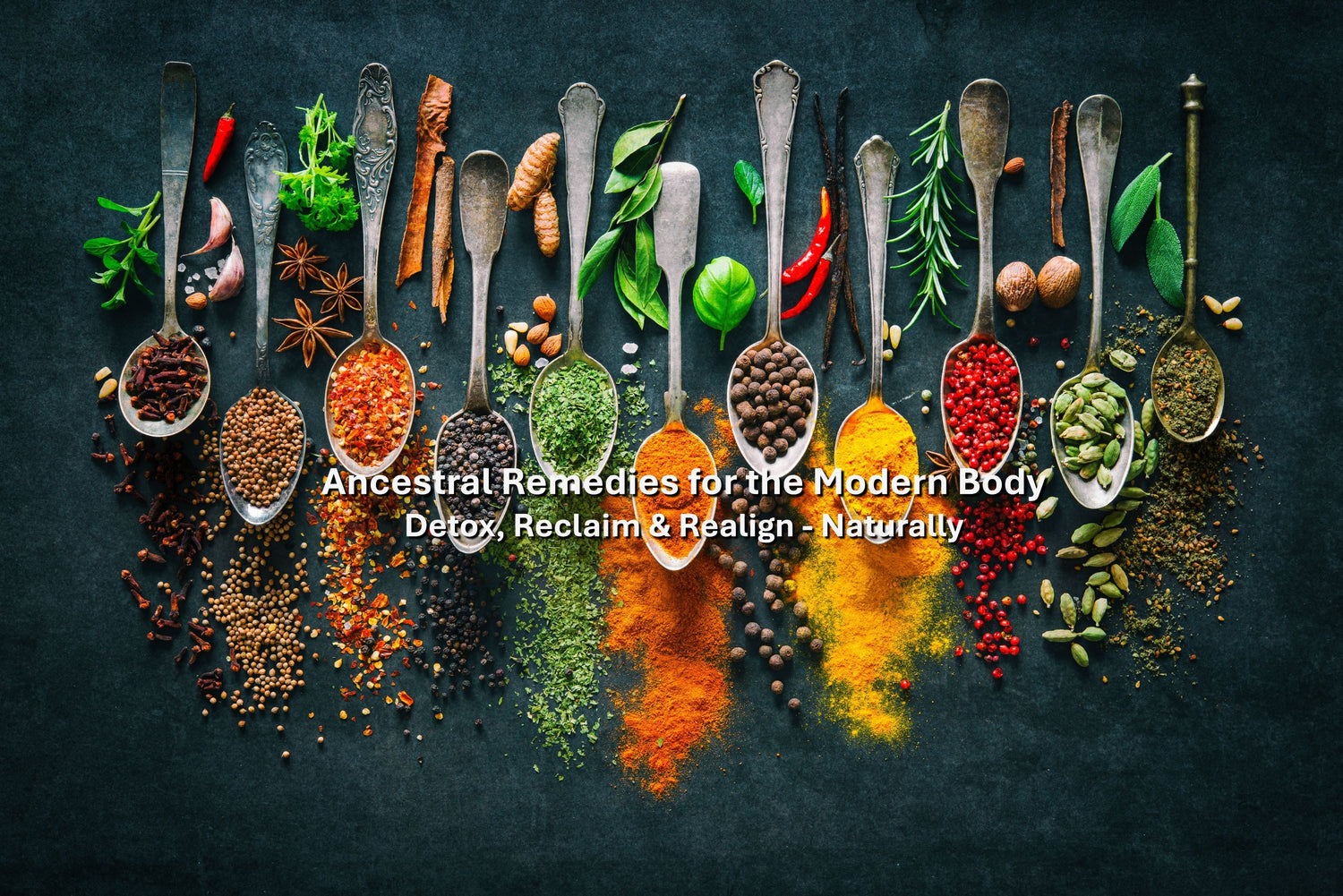 Colorful array of healing herbs and spices displayed in spoons on a dark background with overlaid text: “Ancestral Remedies for the Modern Body. Detox, Reclaim & Realign – Naturally.”