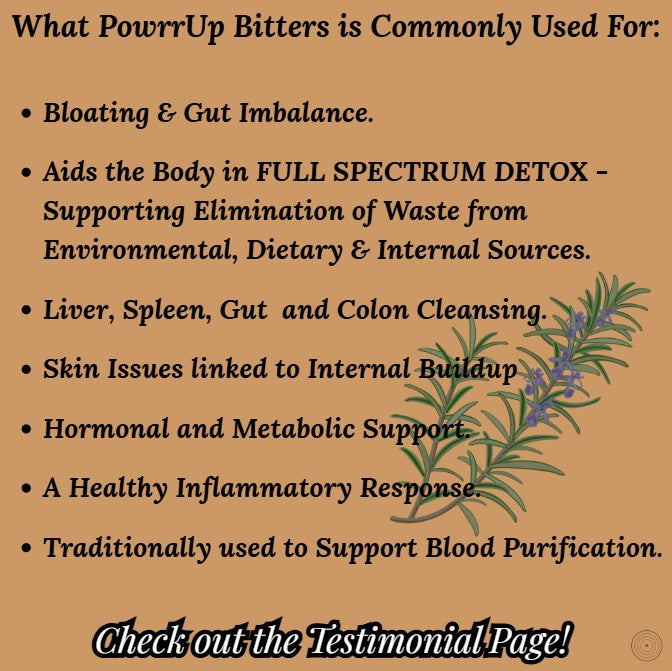 PowrrUp Bitters benefits list on a colorful herbal background. Highlights include bloating relief, gut balance, full-spectrum detox, liver and colon cleansing, support for skin, hormones, metabolism, inflammation, and blood purification. Text invites viewers to check out the testimonial page.