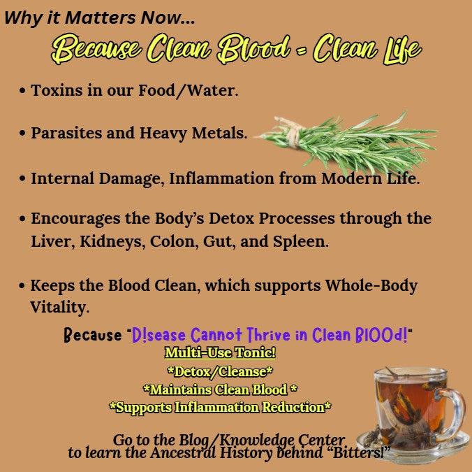 PowrrUp Detox Bitters benefits list with herbal tea image, explaining how the product supports natural detox, blood cleansing, and internal balance through liver, gut, and colon support.