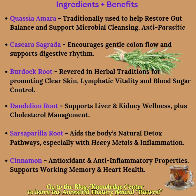 List of PowrrUp Detox Bitters herbal ingredients with benefits, including Quassia Amara, Cascara Sagrada, Burdock Root, Dandelion Root, Sarsaparilla, and Cinnamon, highlighting traditional detox support for gut balance, circulation, skin clarity, and digestive rhythm.