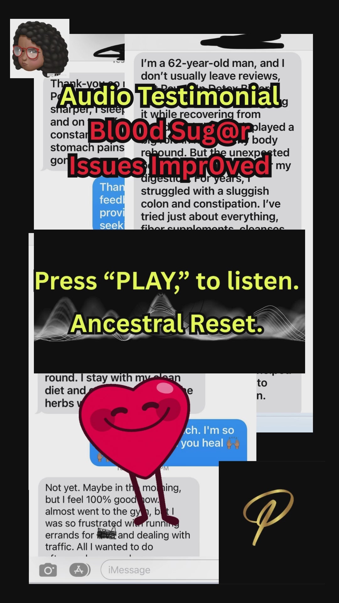 Video testimonial waveform and screenshots showing customer review of PowrrUp Detox Bitters. Testimonial shares how the blend supported balanced blood sugar, clearer skin, and improved well-being.