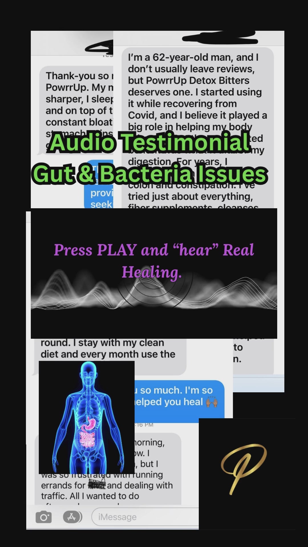 Video testimonial highlighting how PowrrUp Detox Bitters supported gut health and helped a customer naturally address bacterial overgrowth (SIBO). Audio explains their journey with bloating, digestion, and herbal recovery.