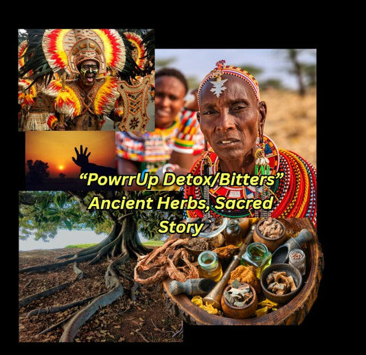 Collage of African and Caribbean ancestral imagery with herbs, traditional healers, and a sacred tree, illustrating PowrrUp Bitters’ roots in ancient herbal medicine and spiritual healing.