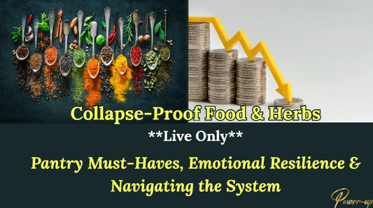 Promotional graphic for 'Collapse-Proof Food & Herbs' with images of spices, coins, and text.