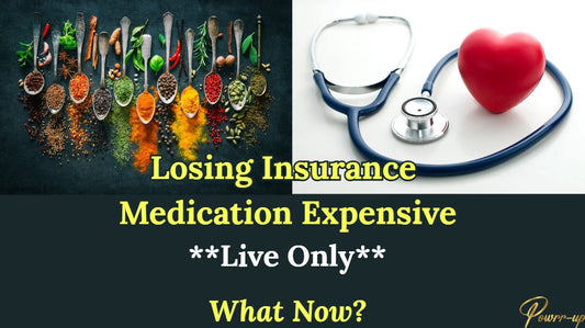 Two images side by side; one with spices and the other with a stethoscope and heart, with text about insurance and medication costs.