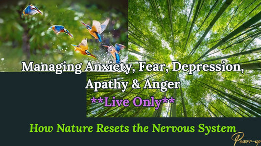 Nature scene with birds and trees, overlaid text about managing emotions and nature's effects on the nervous system.