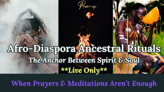 Three images with text about Afro-Diaspora Ancestral Rituals, featuring a person with hands over face, fire, and a person holding a yellow object.