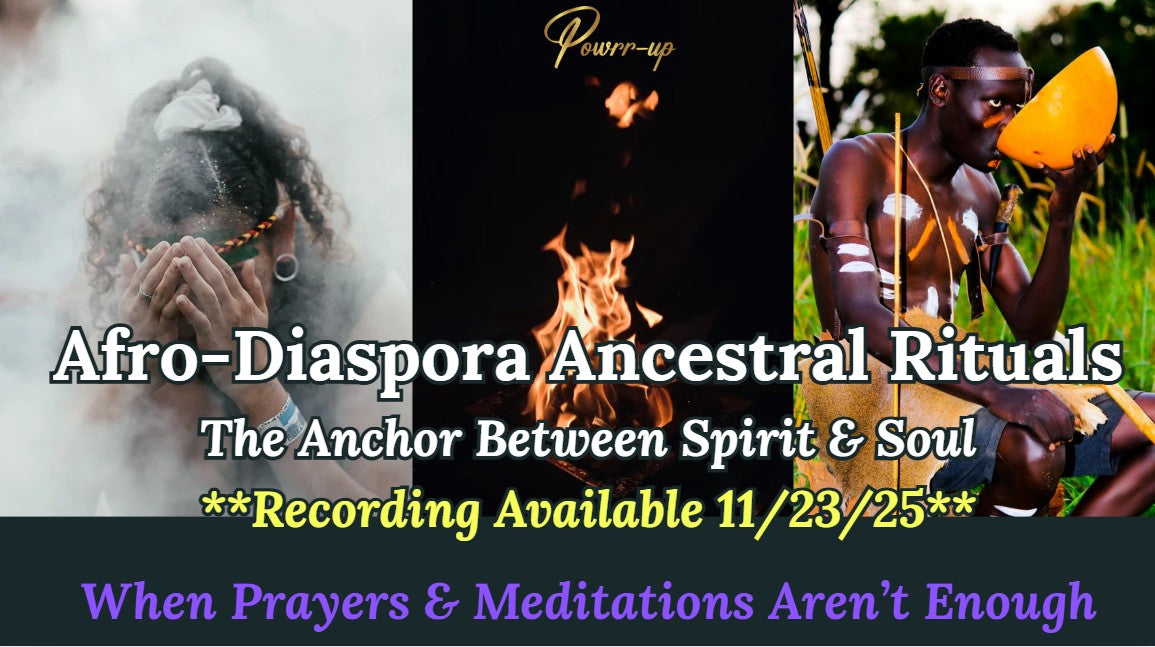 Promotional graphic for Afro-Diaspora Ancestral Rituals with text and images of people in various settings.