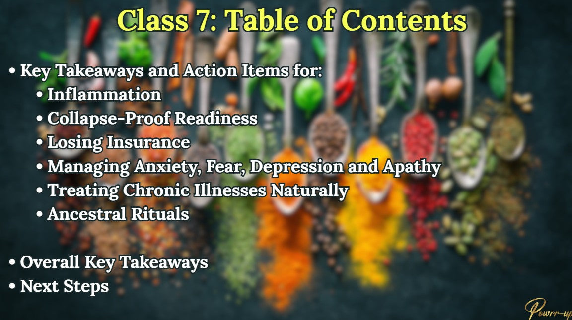 Table of contents slide for a class titled 'Class 7' with colorful hanging decorations in the background.