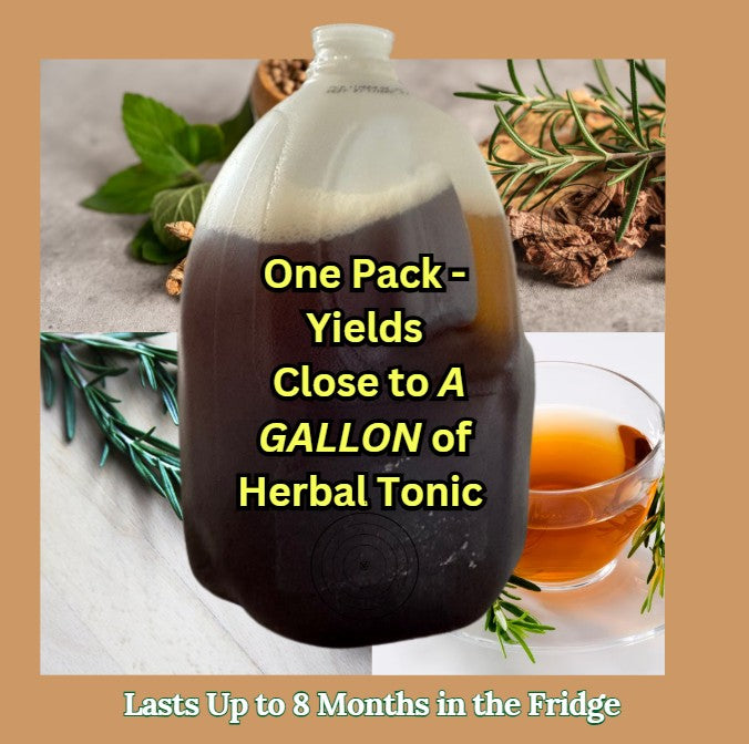 PowrrUp herbal detox tonic shown in a full gallon jug with tea and herbs, highlighting long-lasting freshness and high-yield herbal cleanse.