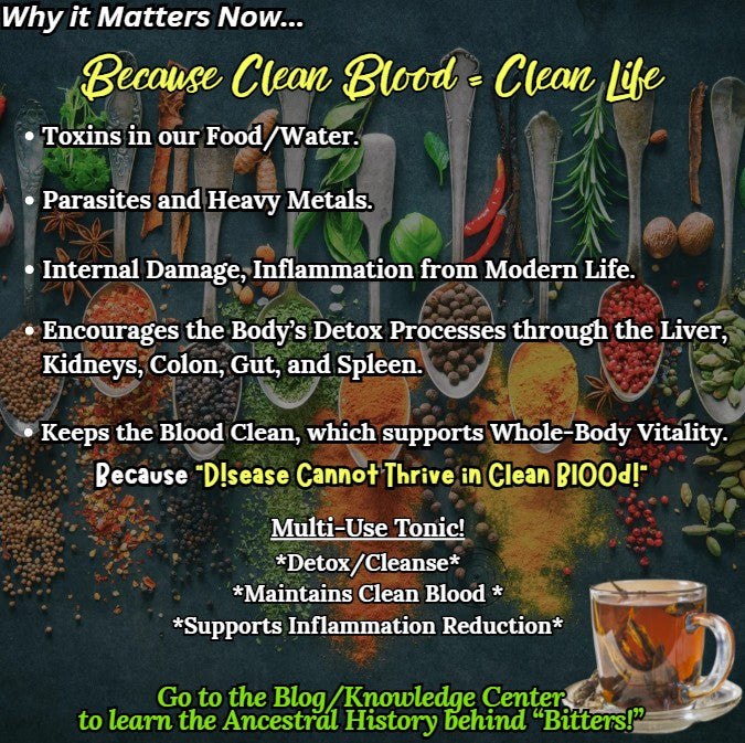 PowrrUp Detox Bitters benefits list with herbal tea image, explaining how the product supports natural detox, blood cleansing, and internal balance through liver, gut, and colon support.