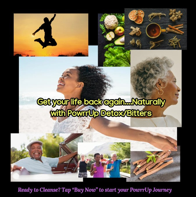 Collage of joyful people, herbs, and nature scenes representing the benefits of PowrrUp Detox Bitters, promoting vitality, balance, and a natural return to energy and wellness.
